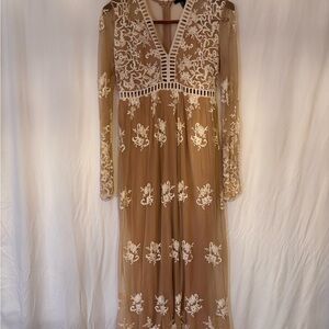 Nude Beige Floral Embroidered Mesh Lace Long Sleeve Maxi Dress | M |